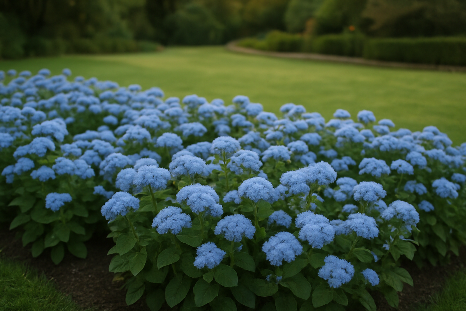 Ageratum mexicanum en fleurs bleues dans un massif au soleil, jardin français, lumière de fin d’après-midi