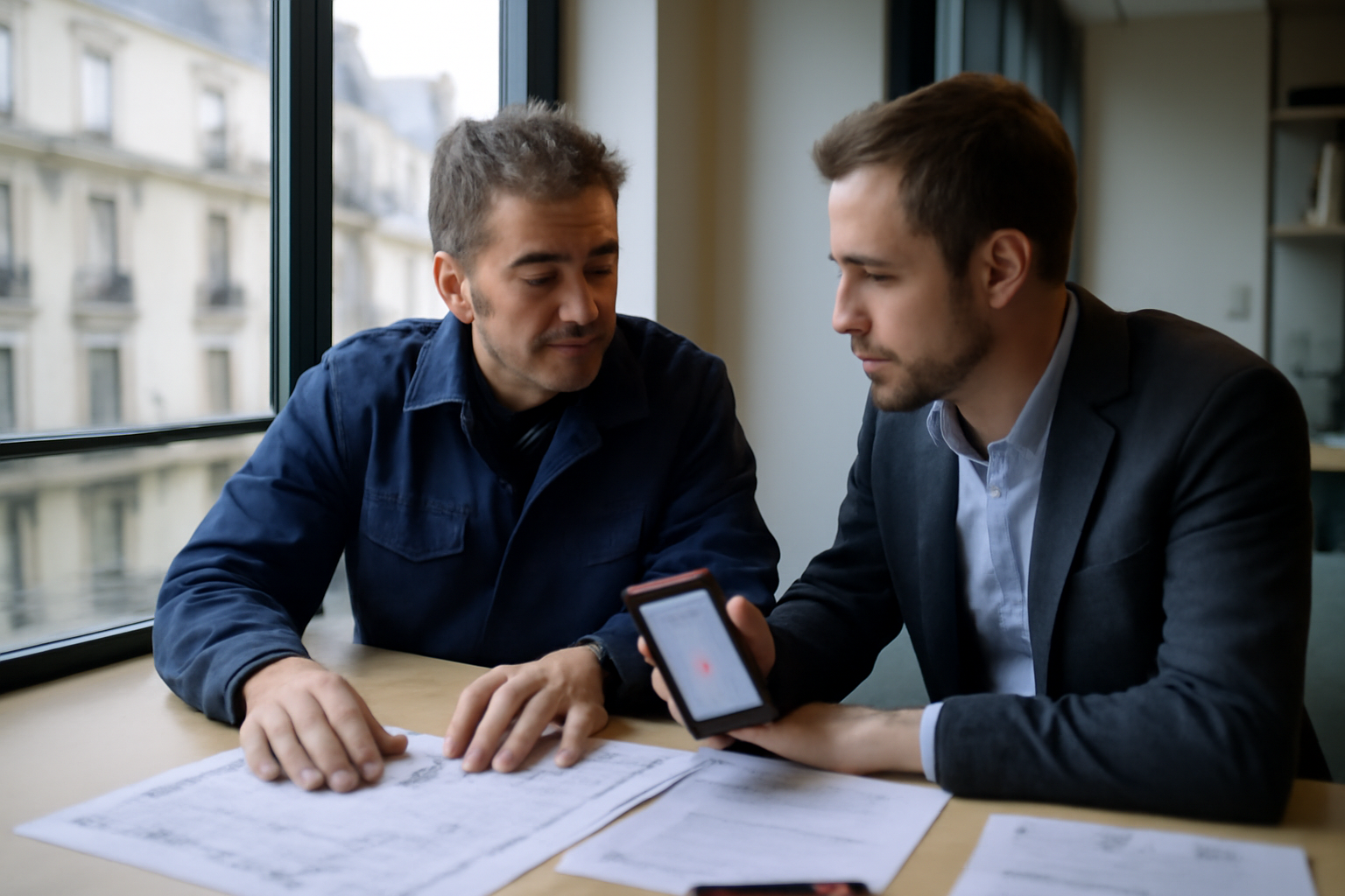 Artisan et client à Paris consultant des devis sur une table près d’une fenêtre, documents et téléphone à portée de main