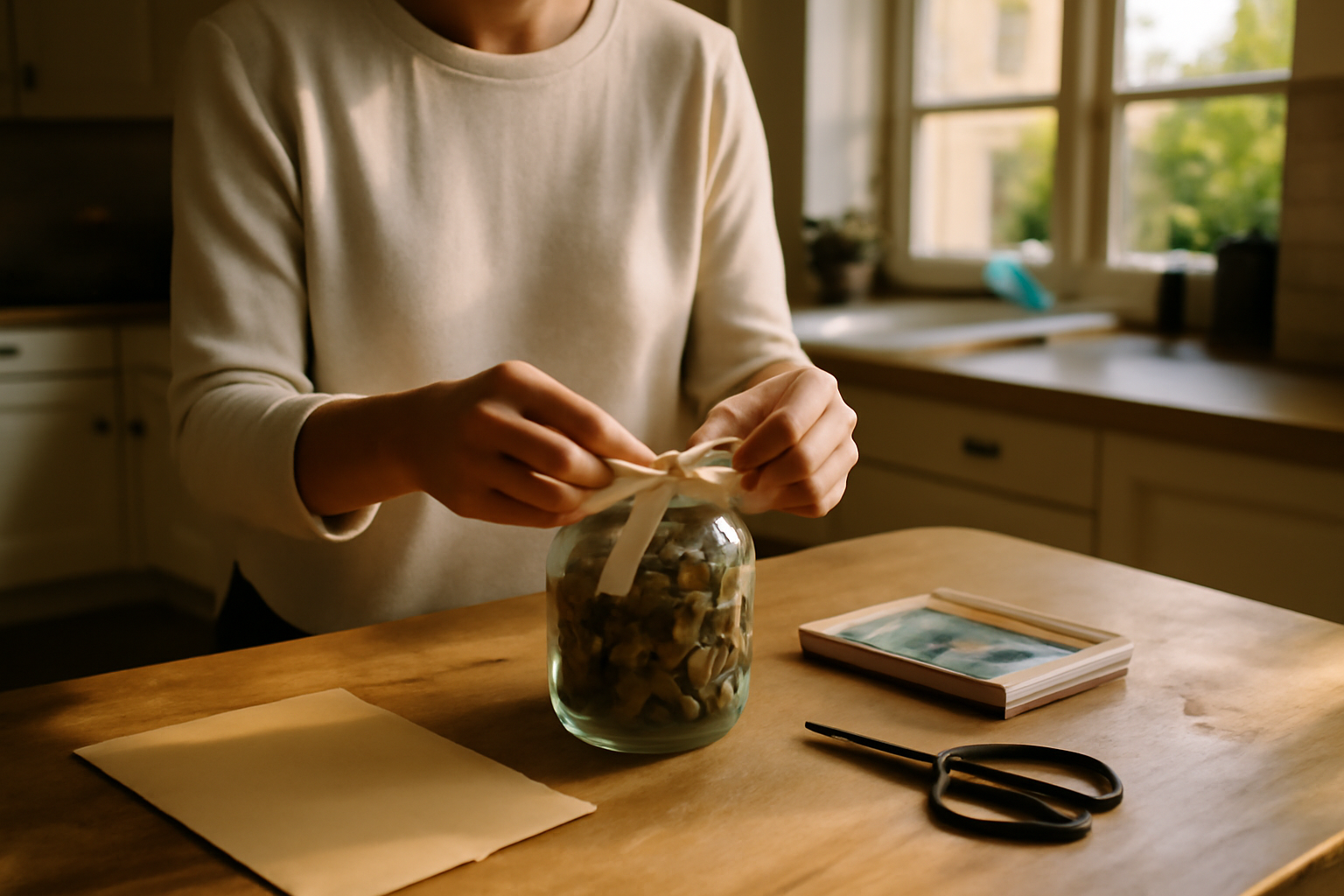 Bocal en verre décoré avec feuilles séchées pour une décoration d’automne