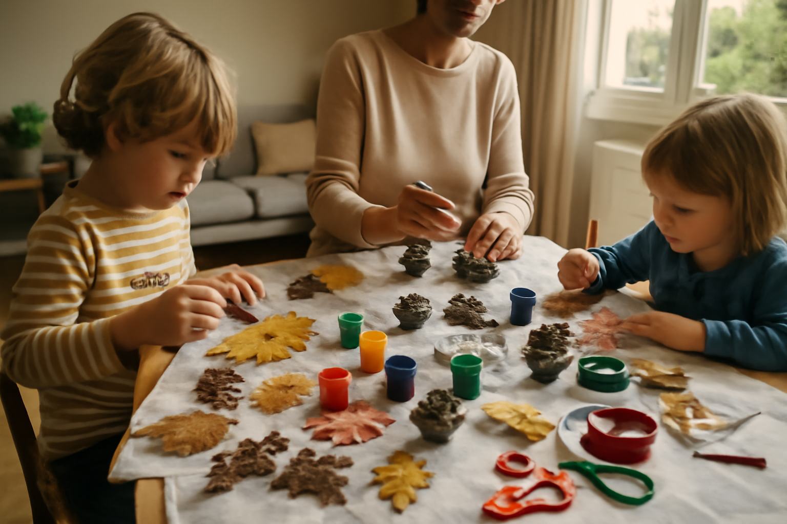 Atelier bricolage d’automne facile avec peinture et feuilles séchées sur table