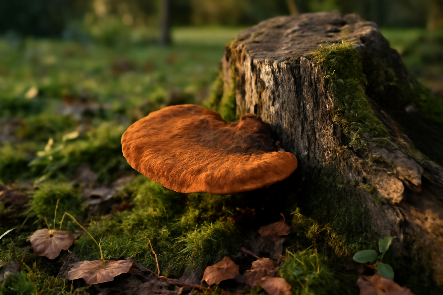Champignon orange sur bois mort en console sur une souche au sol, texture visible et lumière naturelle