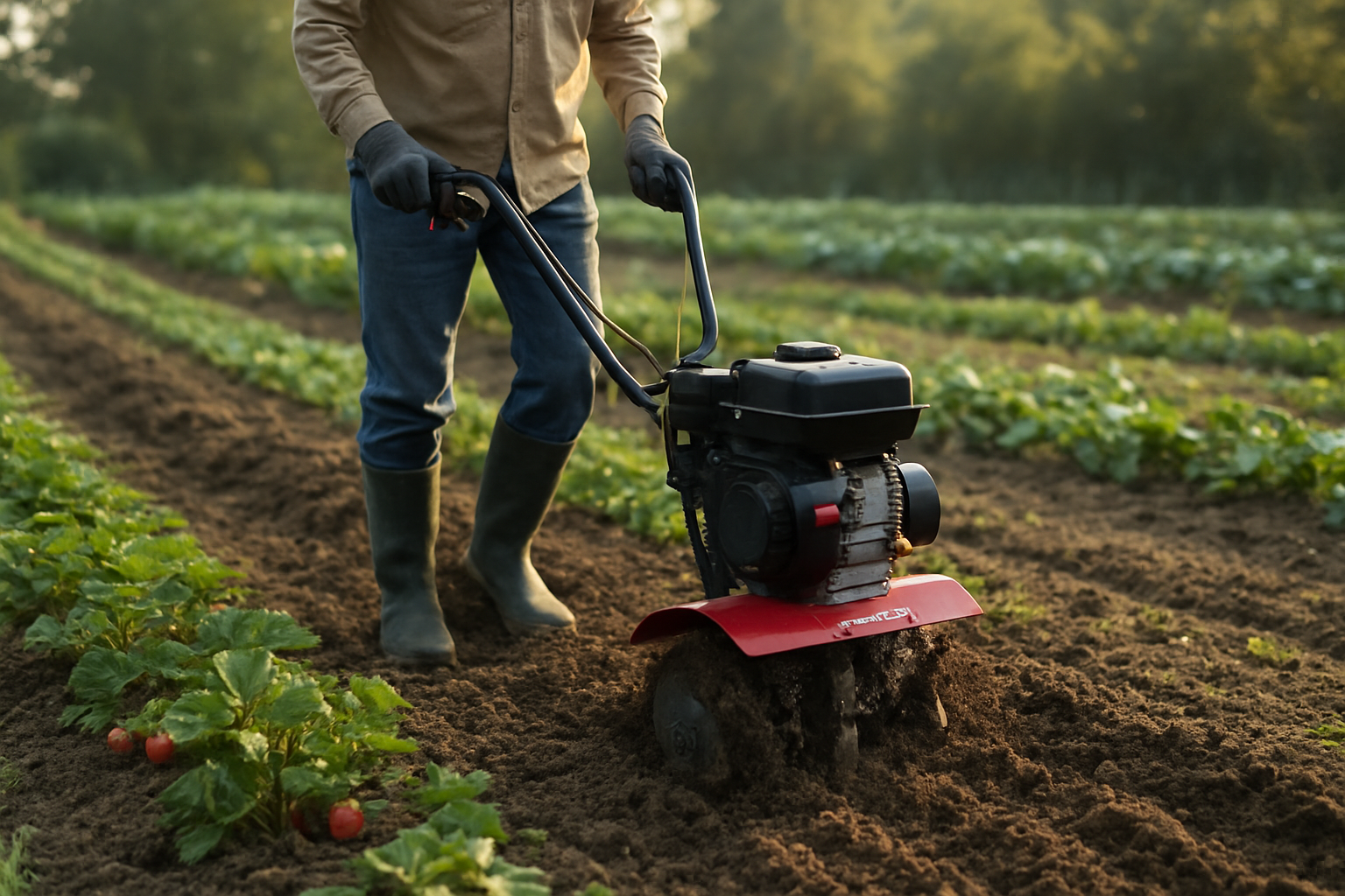 Motobineuse thermique utilisée dans un potager avec fraises visibles au premier plan, lumière de matin sur une terre travaillée