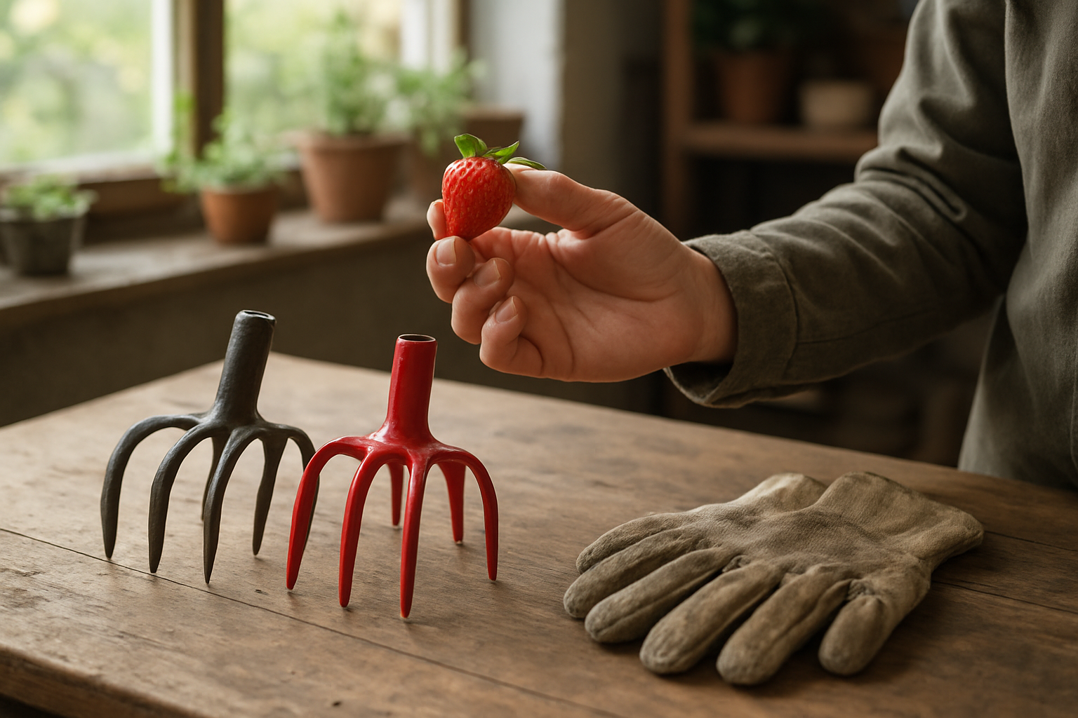 Comparaison de fraises de motobineuse : dents usées et fraises neuves sur un établi, lumière naturelle