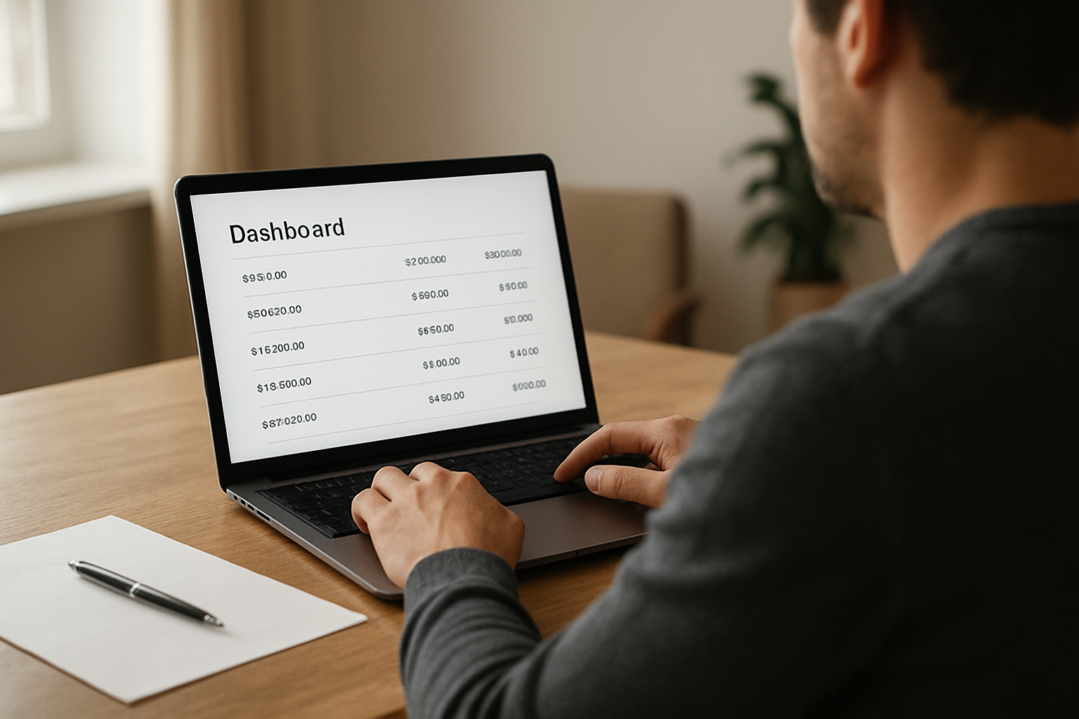 Tableau de bord de bail en ligne : vue des échéances et boutons de paiement sur un écran d’ordinateur, ambiance bureau à domicile