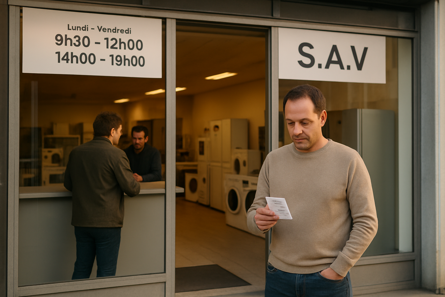 Façade d’un magasin d’électroménager à Lons près de Pau avec un panneau horaires et un comptoir SAV