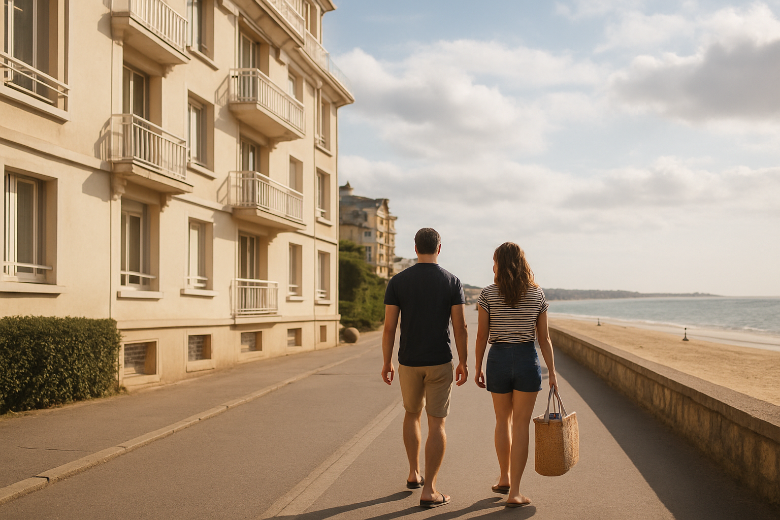 Vue réaliste d’une façade de résidence proche de la plage à La Baule-Escoublac, avec marche vers le front de mer et parasols