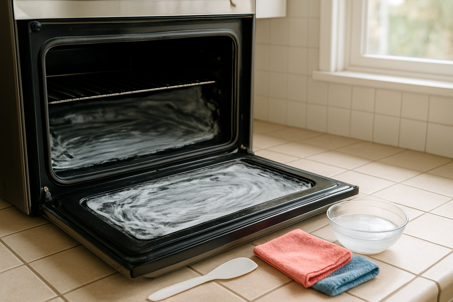 Vitre de four intérieure après application d’une pâte au bicarbonate, chiffon microfibre et spatule en plastique sur plan de travail