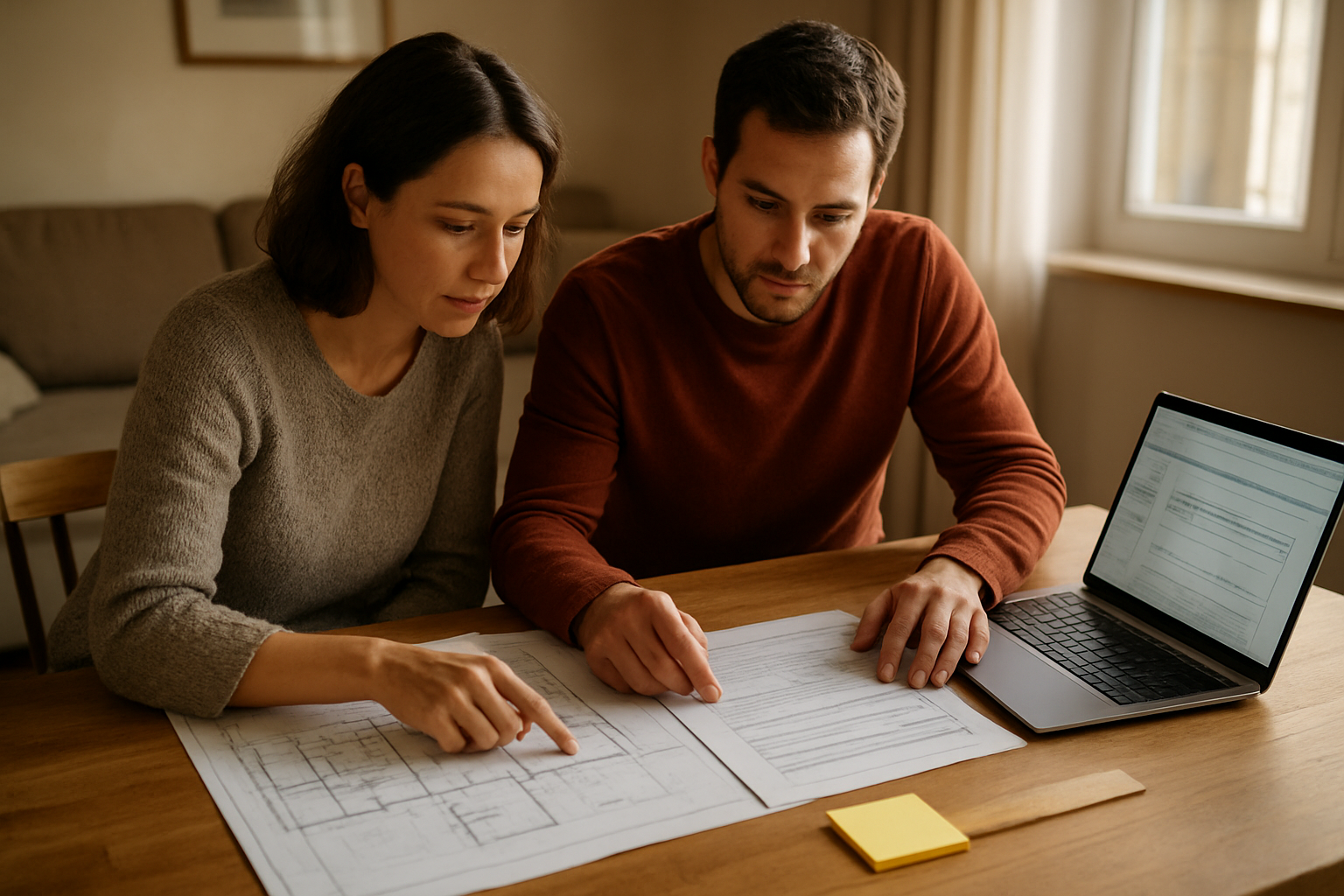 Préparation d’un dossier d’urbanisme pour une déclaration préalable avec plans et documents, sur une table de travail en France