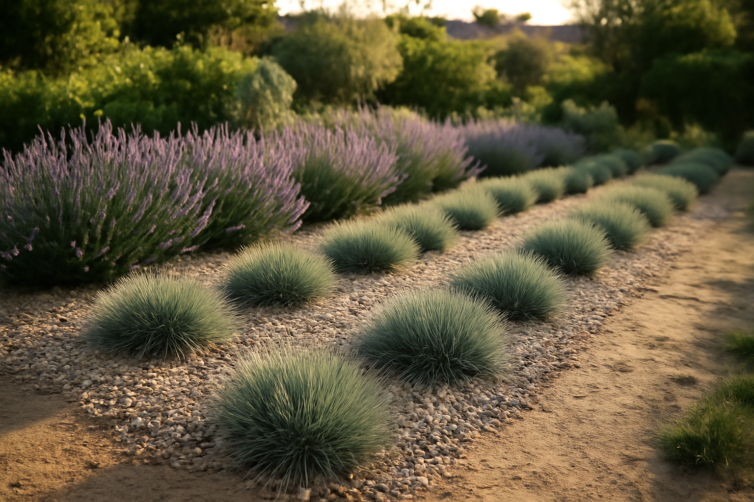 Plantes plein soleil sans arrosage : lavande et graminées en jardin ensoleillé, sol drainant et paillage de graviers