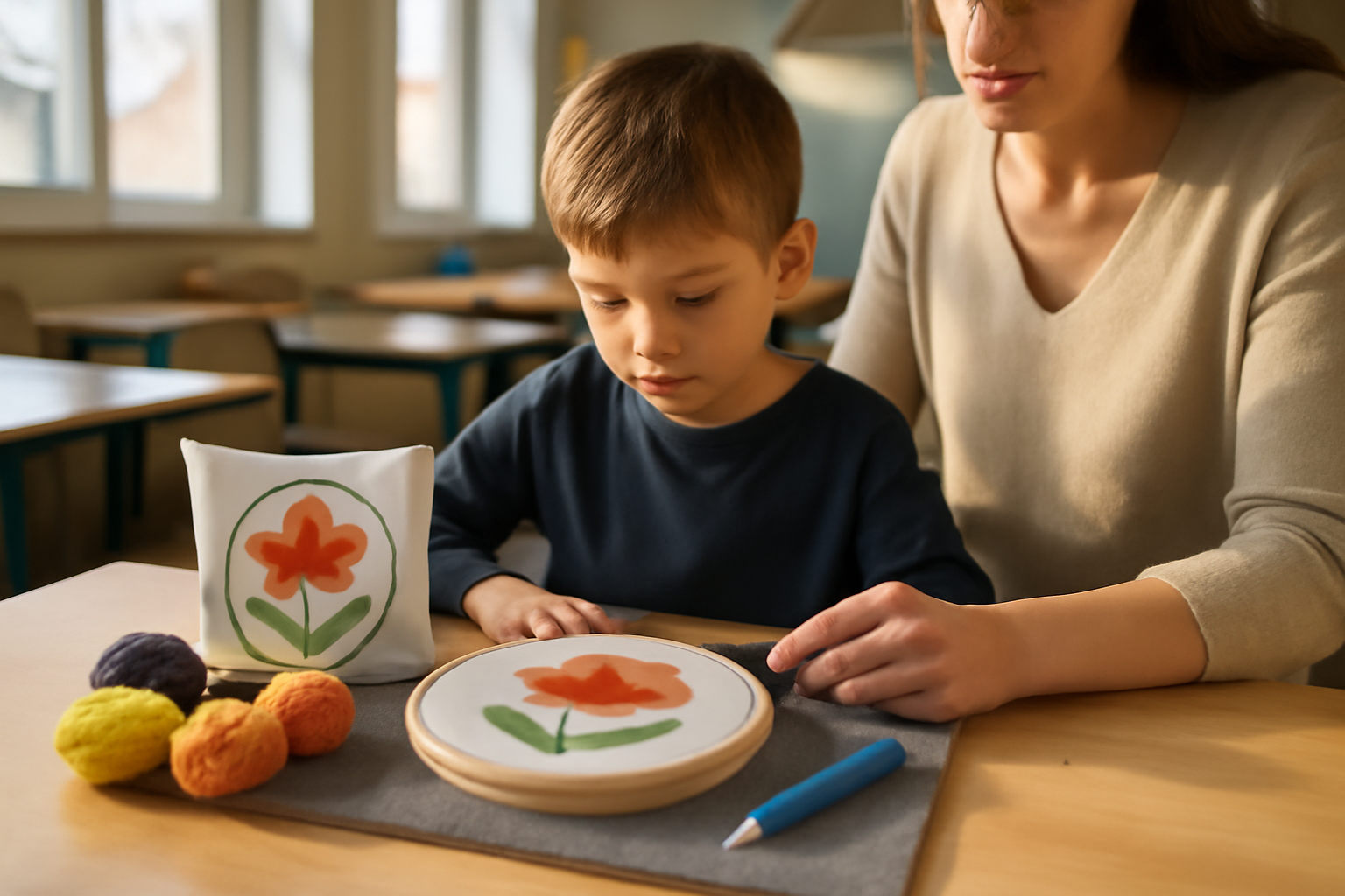 Punch needle enfant sur une table stable avec un kit prêt à broder, cadre circulaire et fils colorés