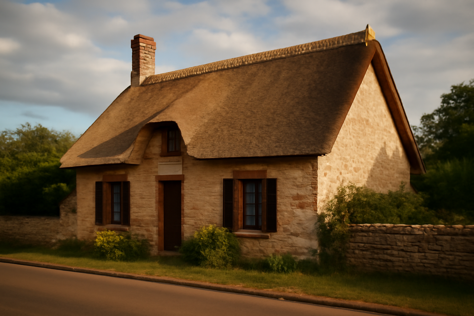 Toit de chaume en roseau posé sur une maison traditionnelle, lumière de fin d'après-midi, détail du faîtage et des rives