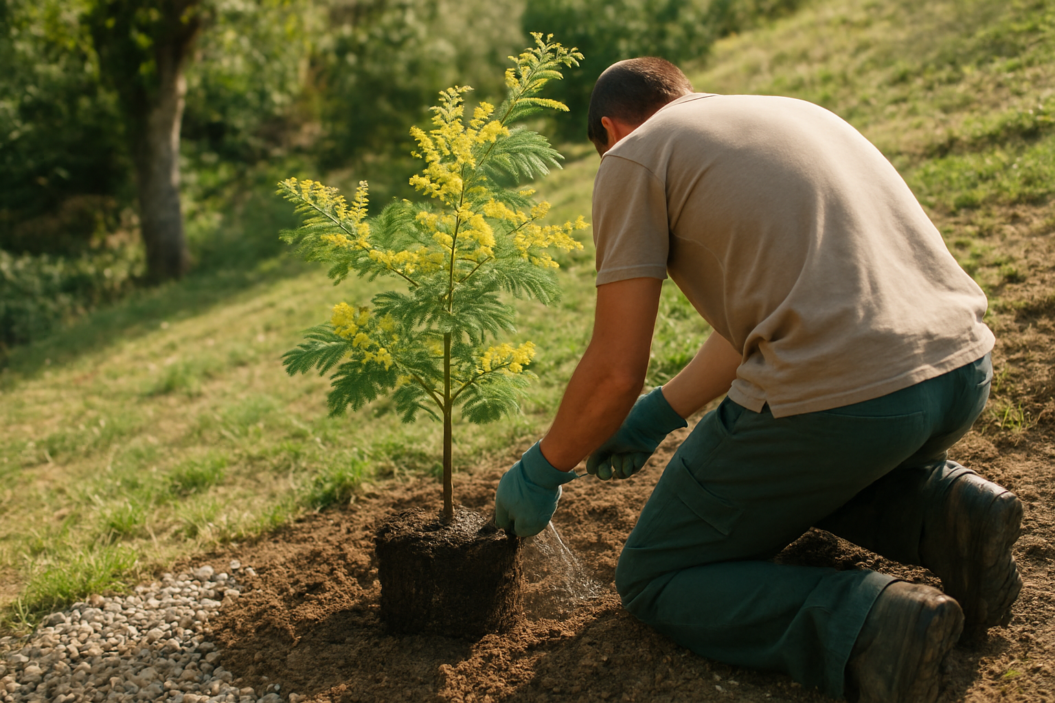 Plantation d’un acacia dealbata silver wattle dans un sol drainant avec gravier au pied
