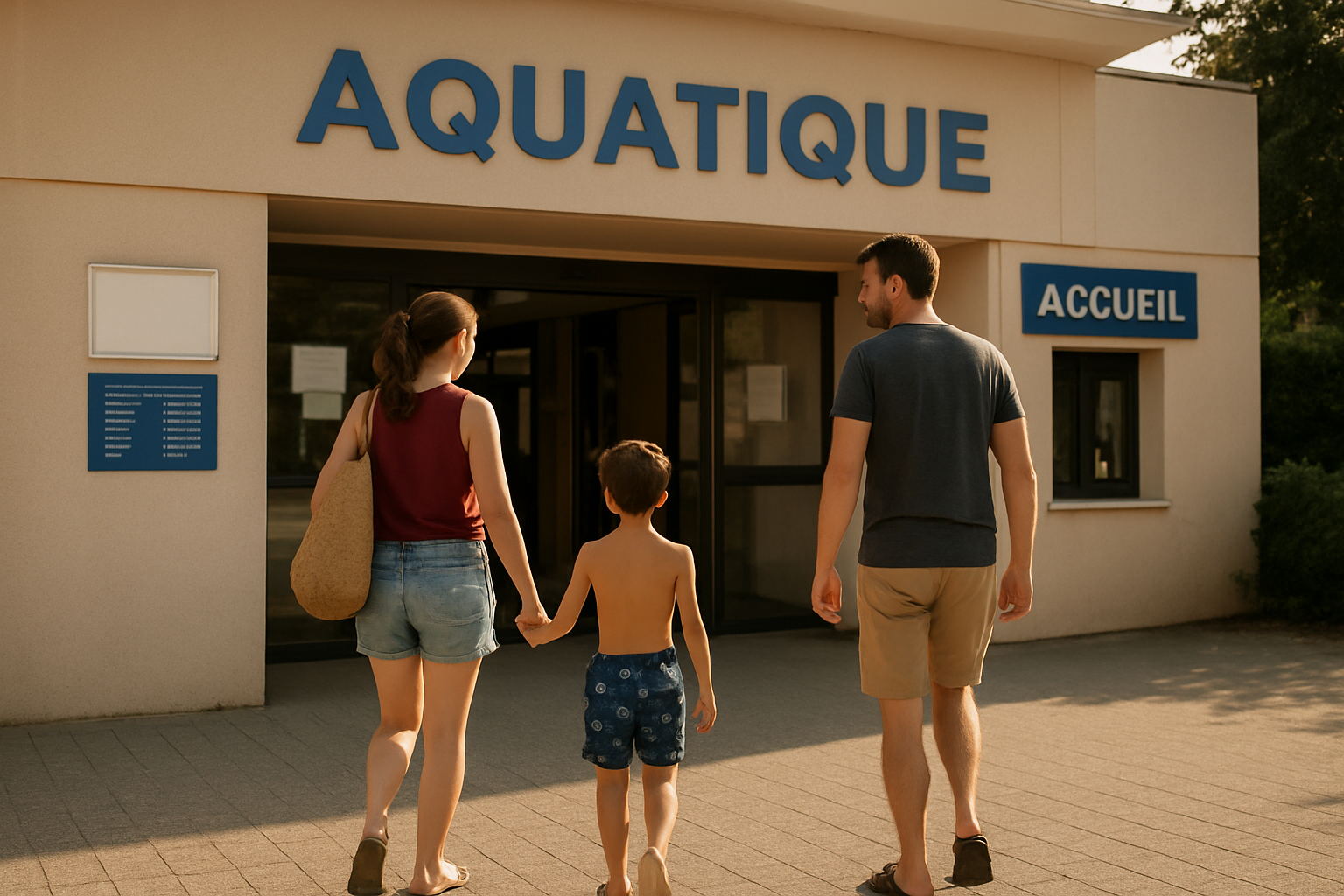 Entrée d’un complexe aquatique avec panneau horaires et accueil, familles attendant leur créneau