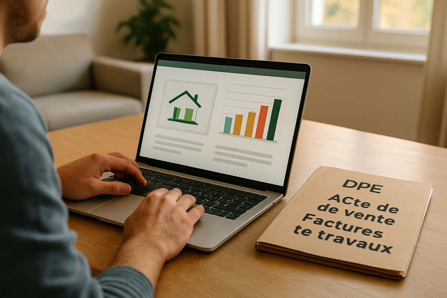 Personne consultant bricosuccess-immo.fr sur ordinateur avec documents DPE et acte de vente posés à côté