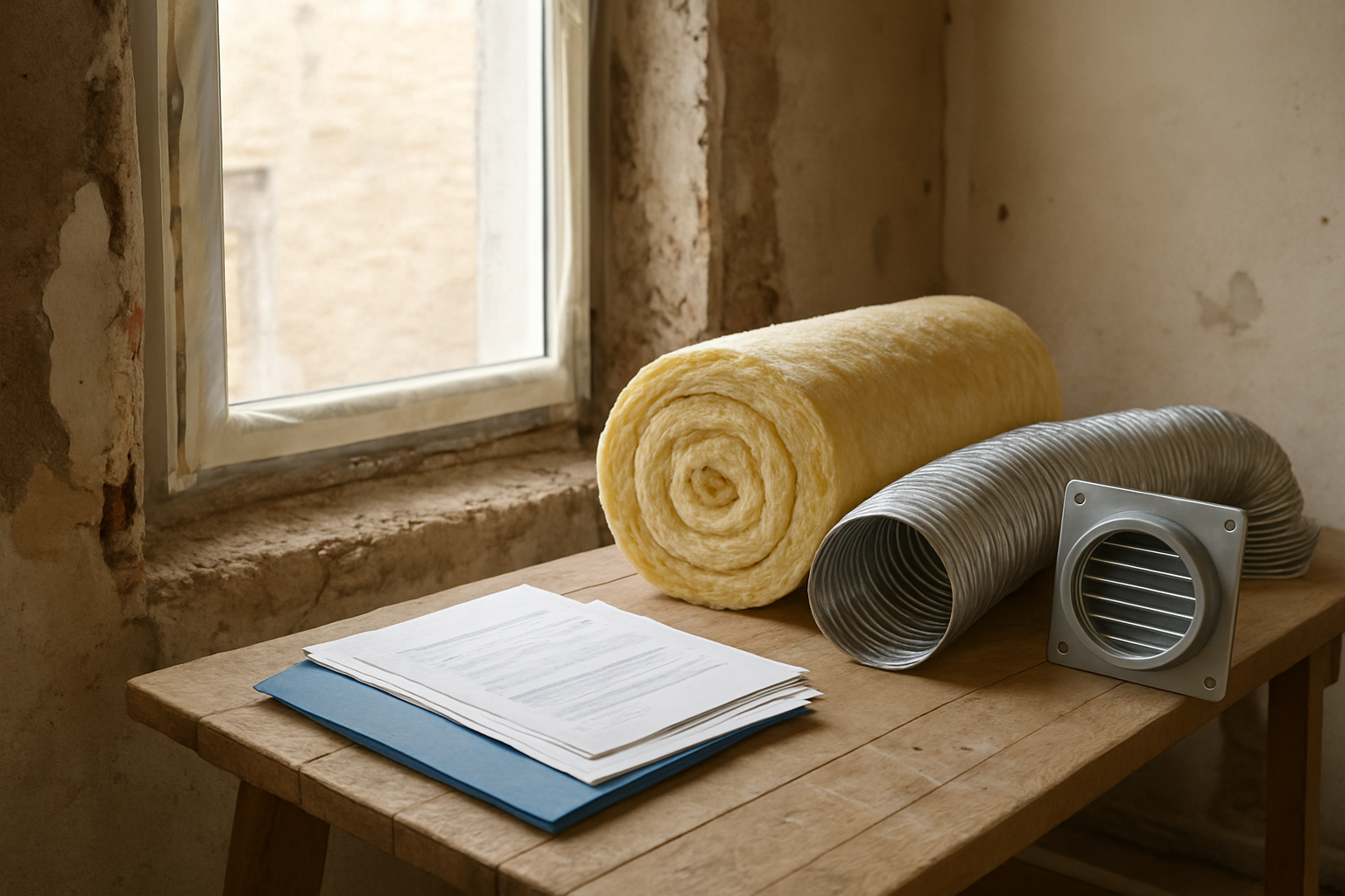 Fenêtres et isolation visibles lors d’une rénovation intérieure, dossier DPE et factures sur une table