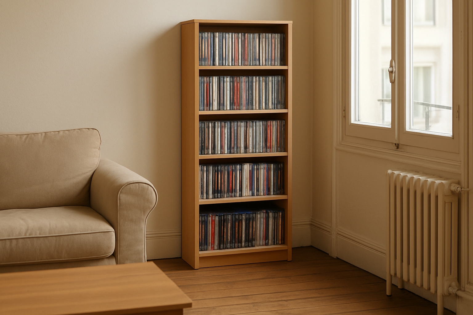 Colonne DVD en bois avec étagères pour boîtiers Blu-ray dans un salon lumineux