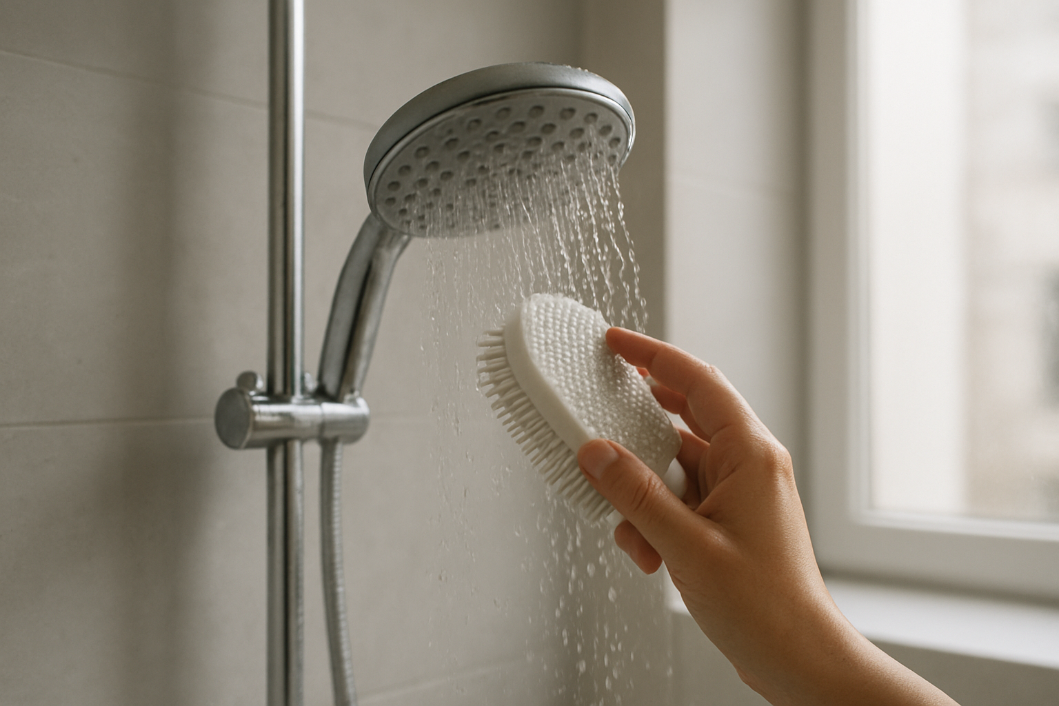 Pommeau de douche anti calcaire avec picots en silicone sur une cabine de douche moderne, lumière naturelle