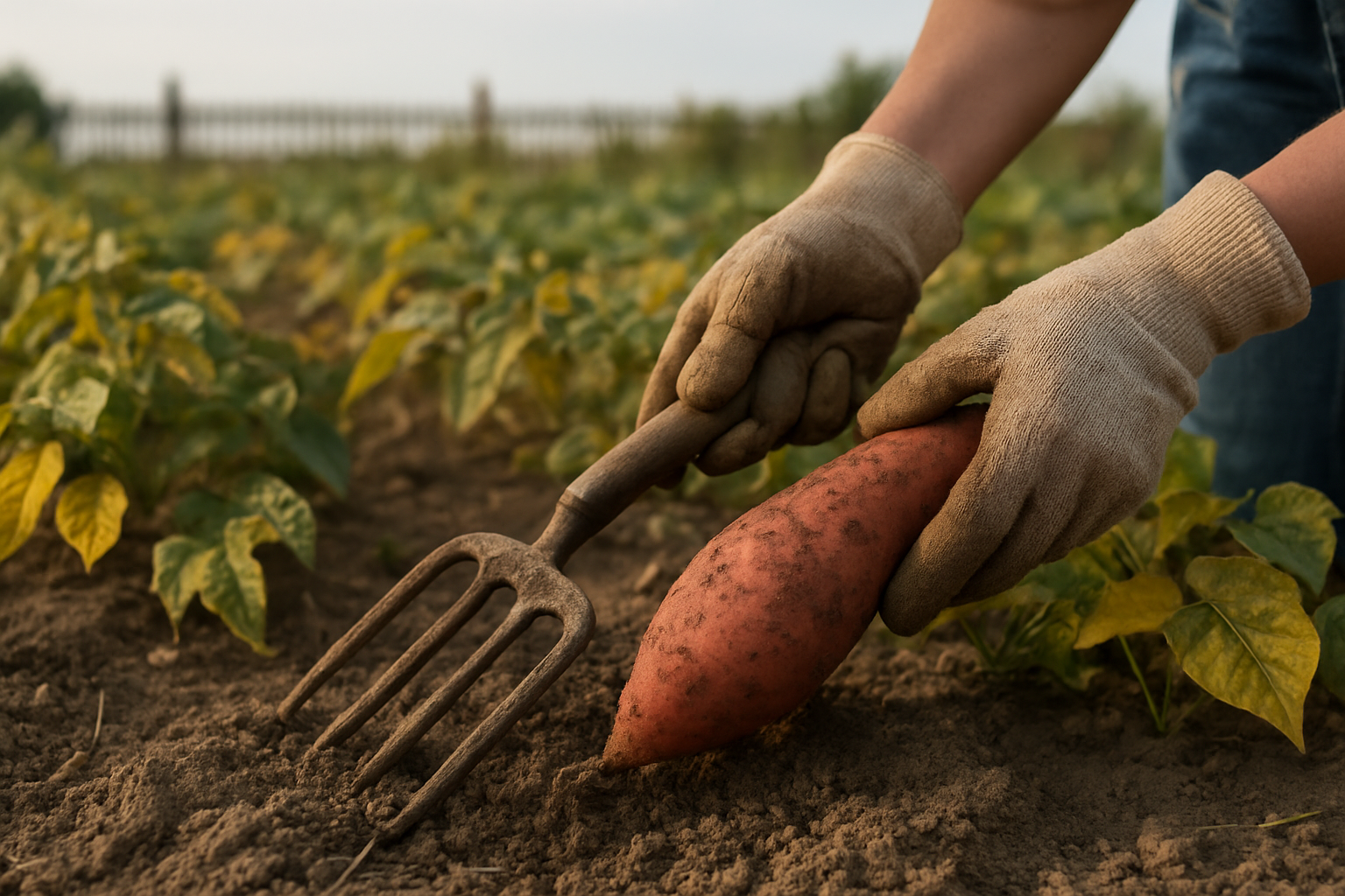 Récolte de patates douces après la fin des gelées, feuilles qui jaunissent dans un potager en France