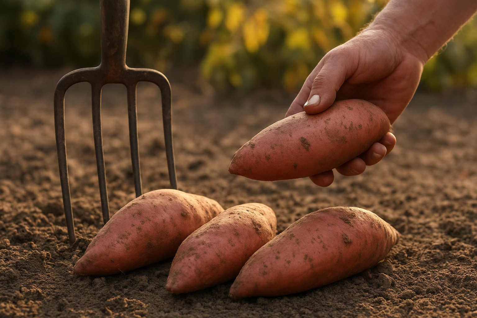 Peau ferme de patate douce après maturité, tubercules sortis de terre sur sol sec