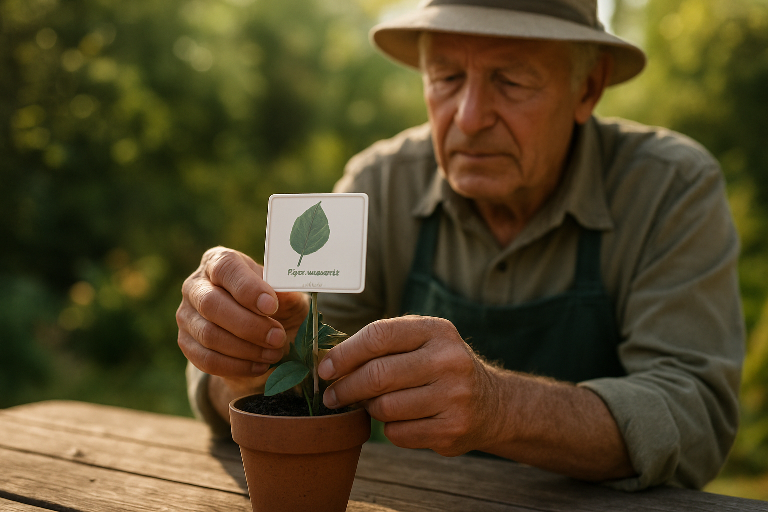 Photographie réaliste d’une étiquette de plante avec nom latin et photo de feuille, sur une table de jardin, lumière naturelle