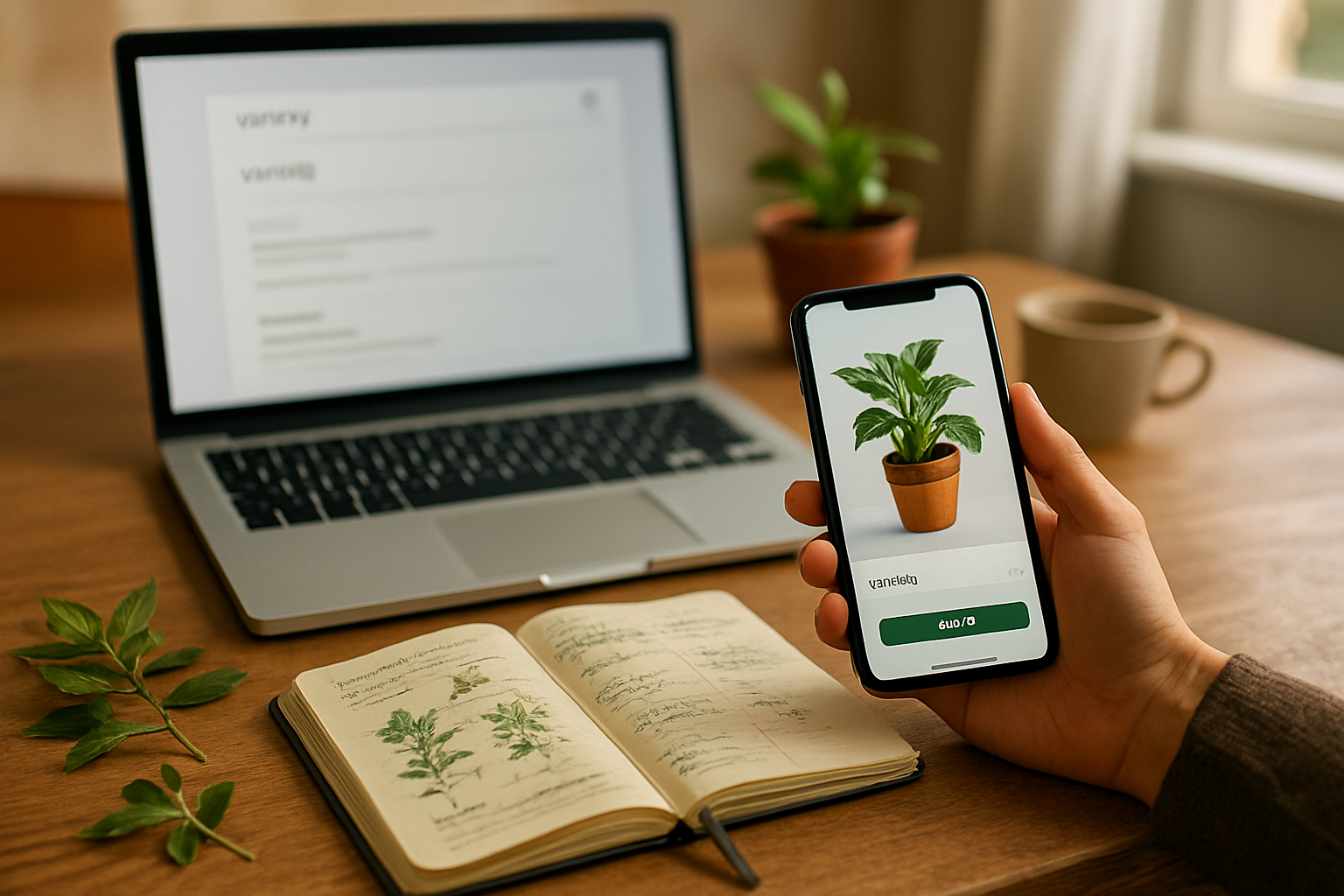 Recherche sur ordinateur avec requêtes « variété » et « varietà » affichées, main tenant un smartphone, ambiance bureau